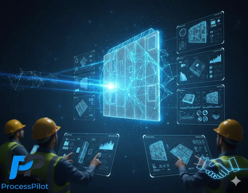Illustration futuriste du processus de numérisation 3D d'un bâtiment pour préfabrication EnergieSprong