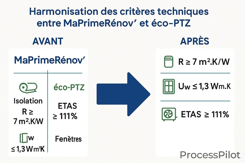 Schéma comparatif illustrant l'harmonisation des critères techniques MaPrimeRénov' et éco-PTZ