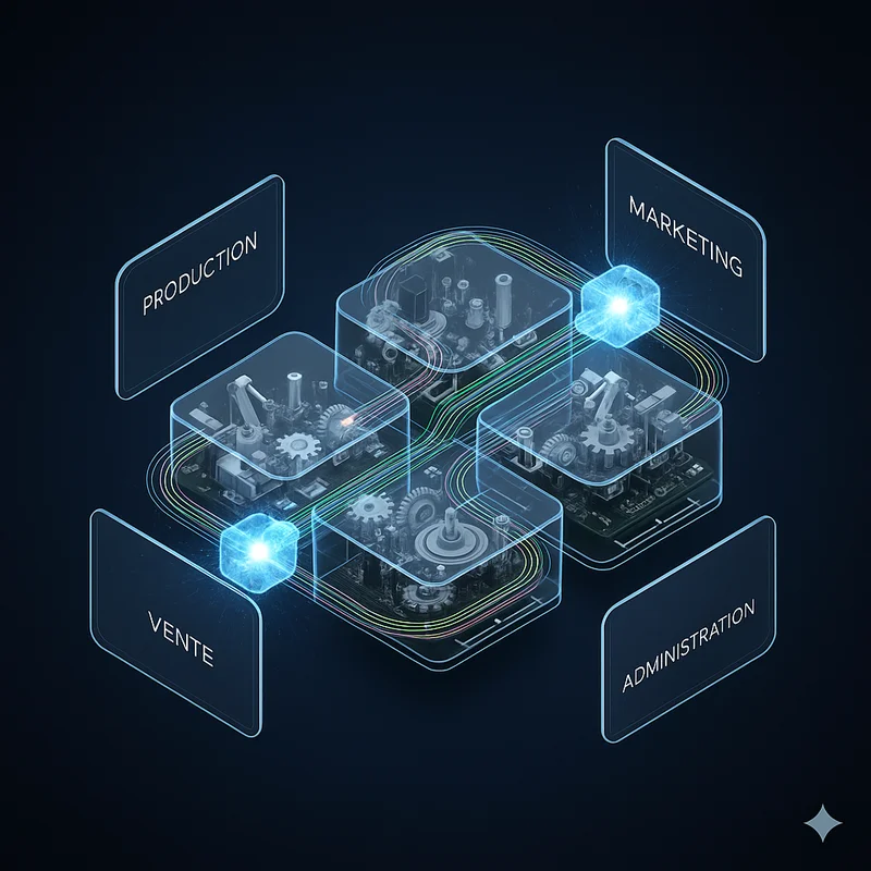 Illustration de plusieurs processus métier s'unifiant en un flux optimisé.