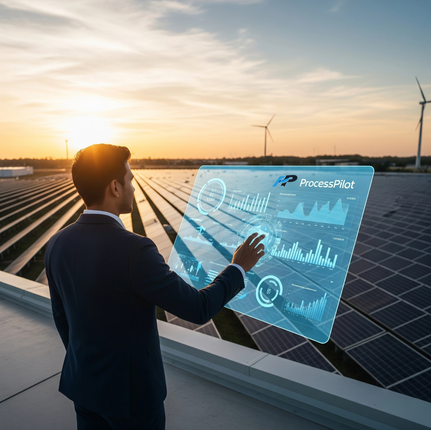 Dirigeant de PME visualisant les données de son entreprise dans un parc éolien et solaire