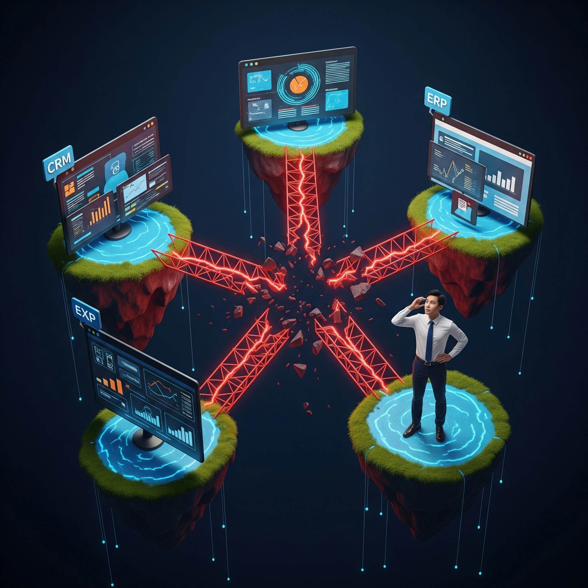 Illustration du chaos des données en silos avec des outils non connectés