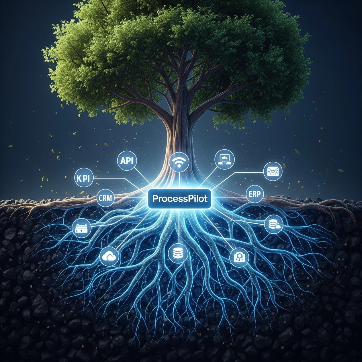 ProcessPilot comme racine connectant tous les systèmes d'une entreprise (CRM, ERP, API)